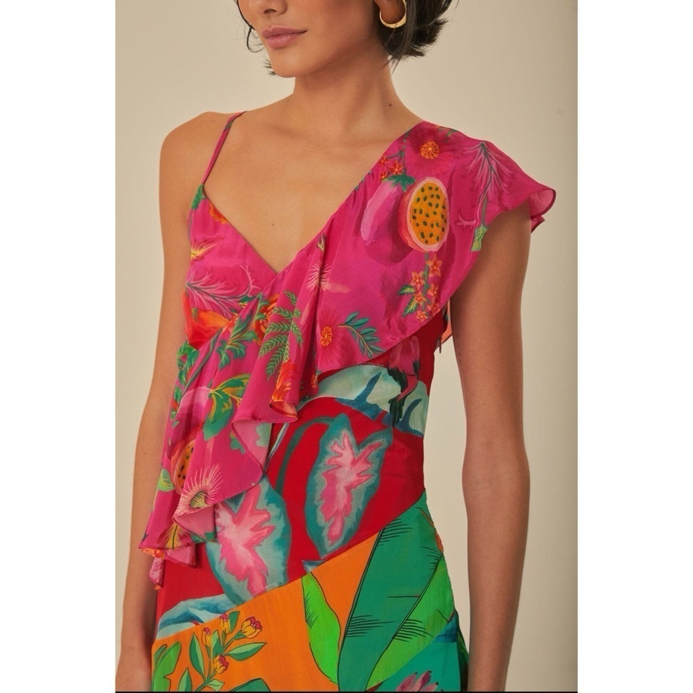 Farm Rio Mixed Flowery Ruffle One Shoulder Midi Dress Tropical Floral Medium - Picture 4 of 17